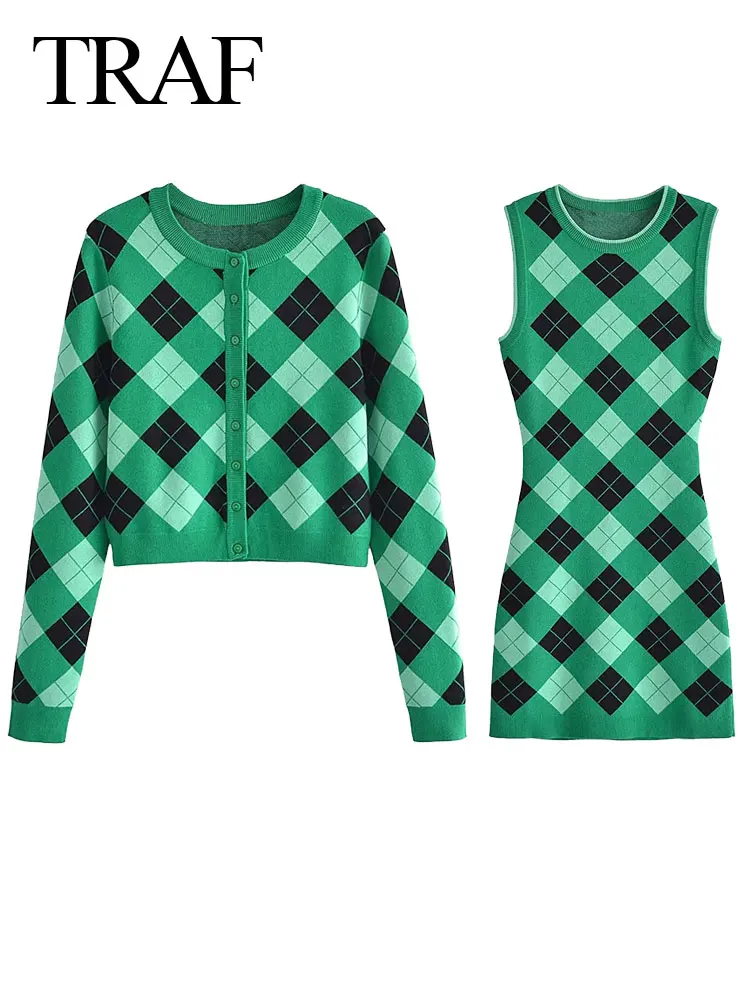 

Женский трикотажный Костюм-двойка в клетку, с длинным рукавом