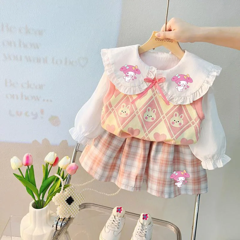Kawaii Sanrios Cinnamoroll My Melody Pompom Purins Autumn Sweet Cartoon Girl Vest White Shirt Plaid Skirt Three Piece Suit Set