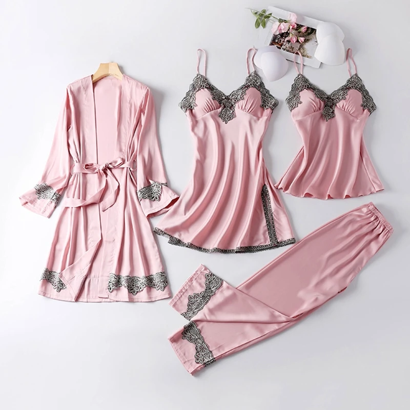 Women Autumn Ice Silk 4 Pieces Pajamas Set Cami Top Long Pants Dress Robe Embroidery Lace Trim Sexy Sleepwear with Chest Pads Ni