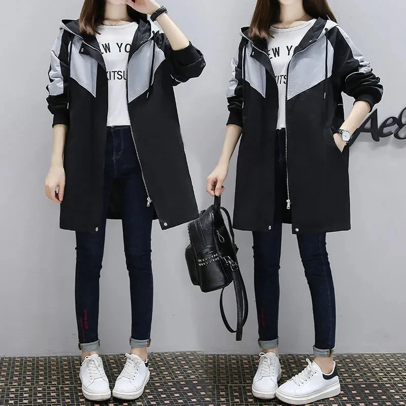 

Trench Coat Women 2023 Spring Autumn New Fashion Casual All-match Windbreaker Jacket Female Splicing Large Size Hooded Outerwear
