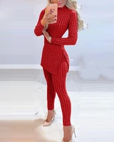 knit set for women 2 piece set pants sets ribbed slit long sleeve high waist knitted pencil pants set 2022 winter suit