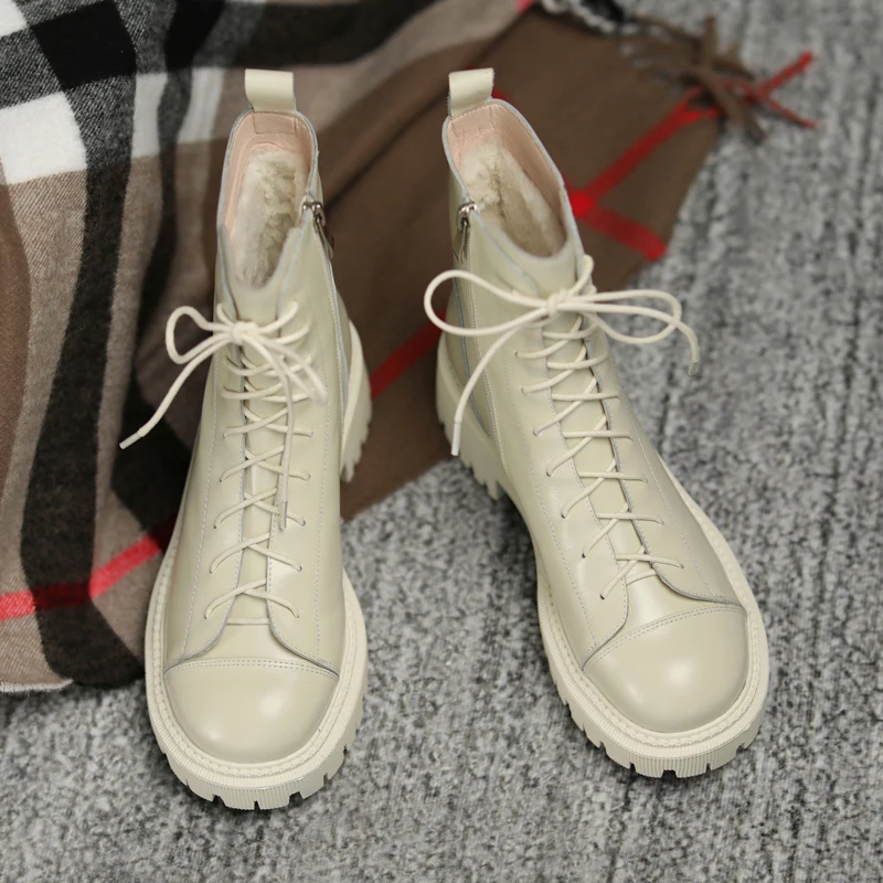 

2022 European Russia winter boots natural leather warm snow boots 22-24.5cm One fur cow+wool ankle boots side zip Woolen boots