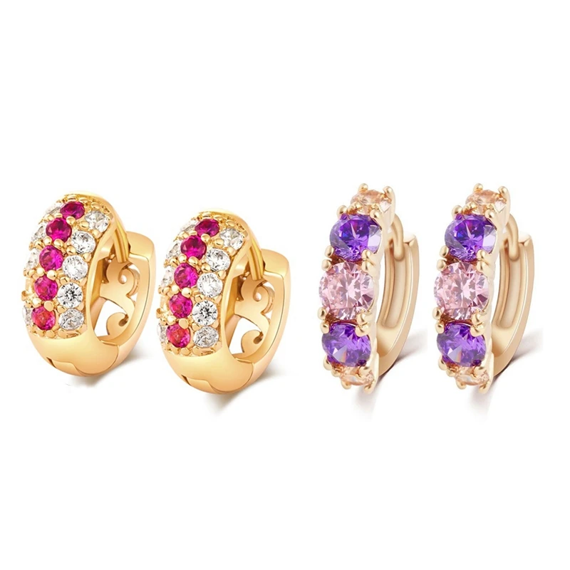 

2 Pair Women Hoop Earrings: 1 Pair Purple Zircon Earrings Pendant & 1 Pair Golden Elegant CZ Stone Gold-Plated Piercing Jewelry