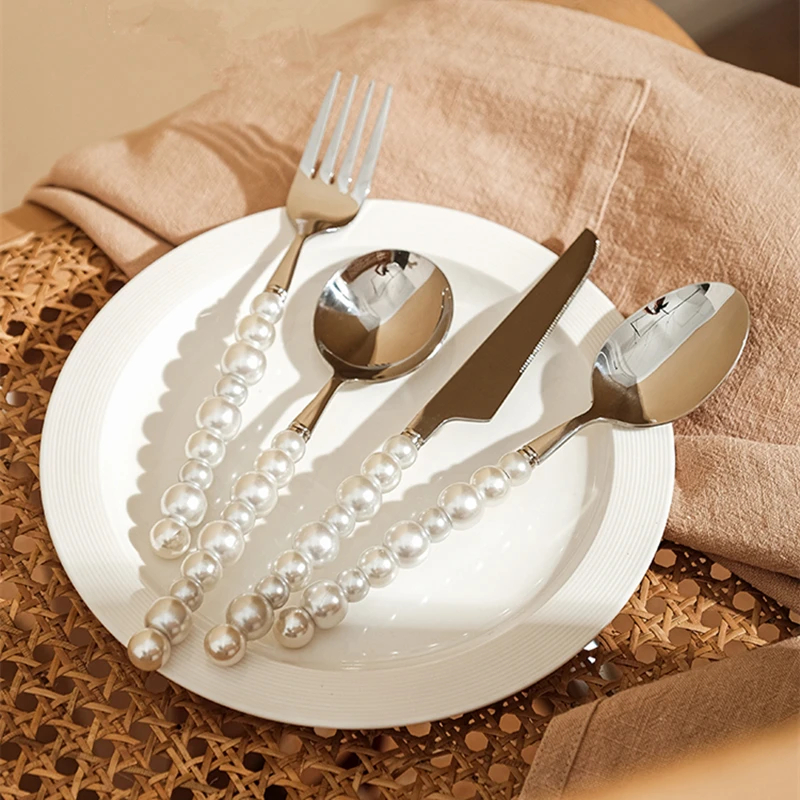 

Europe Silver Fashion Pearl Cutlery Set 18/10 Stainless Steel Creativity Gift Flatware 304 Knife Fork Spoon Dining Table Set