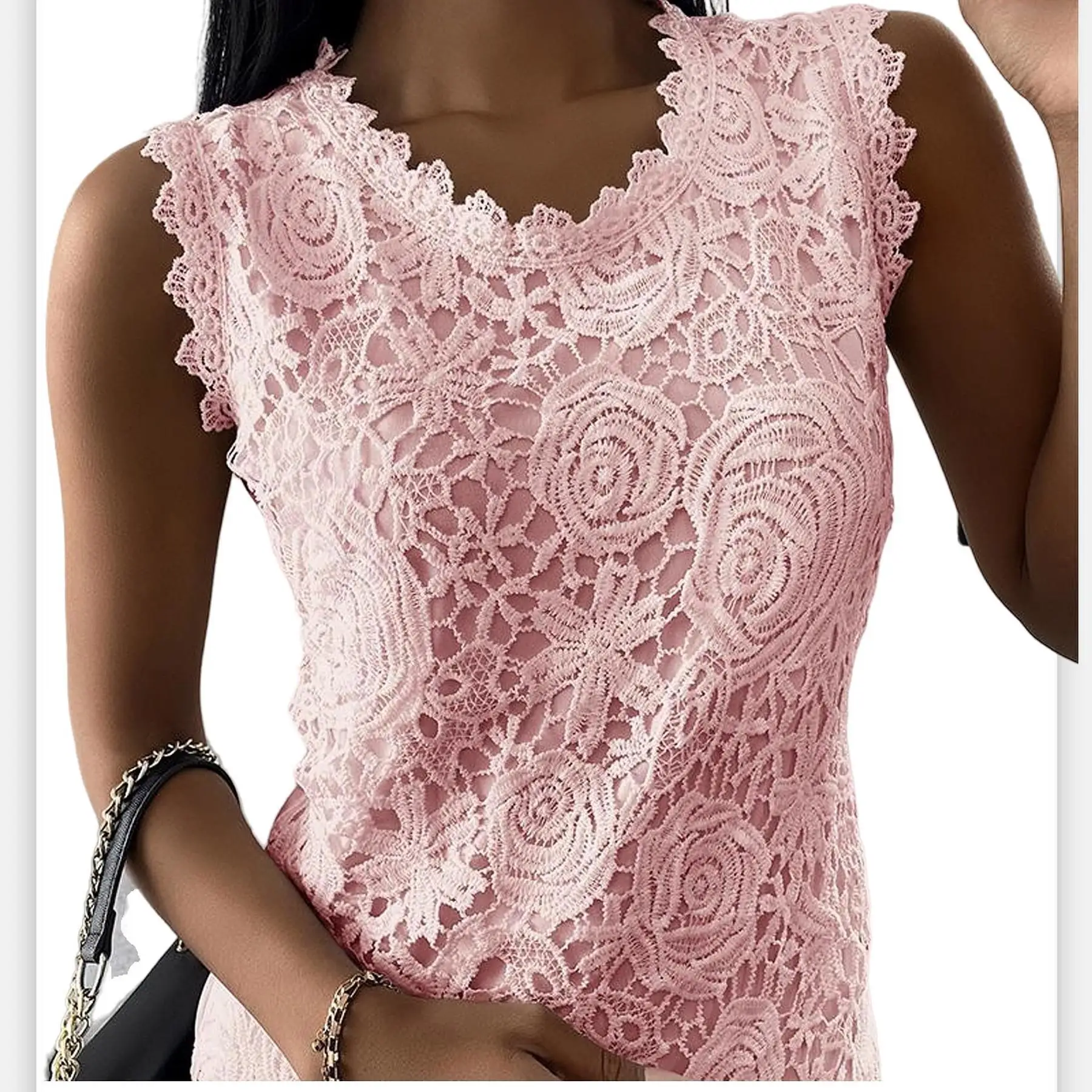 

2022 Top Lace Jacquard T-shirt Women's Summer Sleeveless Solid Color Vest Women's Casual O-neck Camisole Plus Size T-shirt