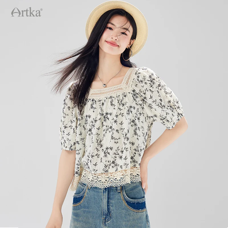 

ARTKA 2023 Summer New Women Blouse Vintage Lace Square Neck Loose Shirt Short Puff Sleeve Floral Print Shirts Female SA92236X