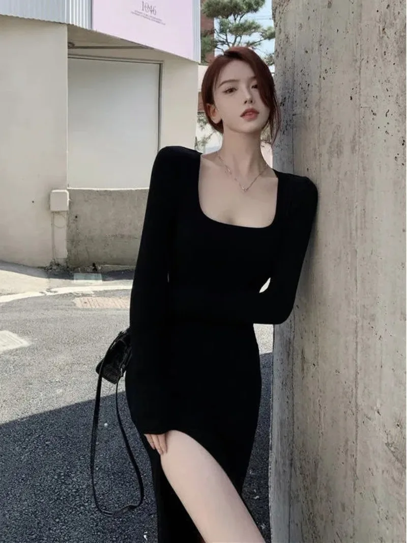 Женское черное облегающее платье средней длины с запахом Осень-зима 2024 новая