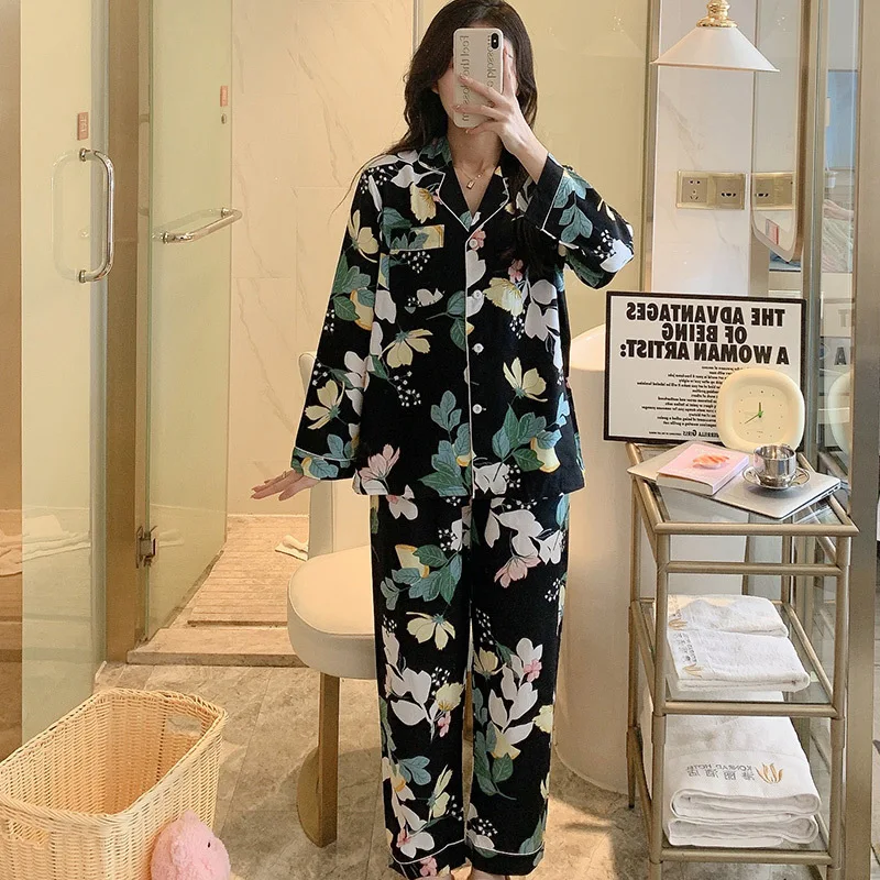 2023 New Cardigan Cotton Silk Pajamas Female Spring Autumn Thin Clothes Sweet Maiden Pijama Suit Summer
