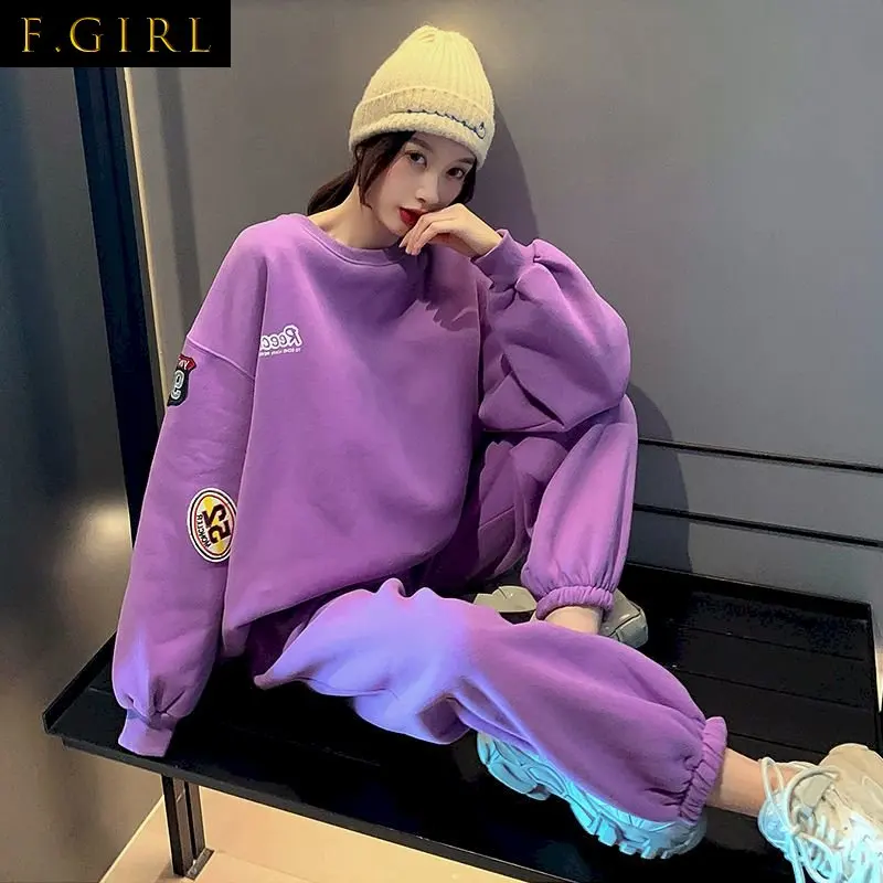 F GIRLS Autumn Casual Sports Suits Women High-end Sportswear Suits Korean Loose Fashion Round Neck Sweatshirt 2 Piece Sets