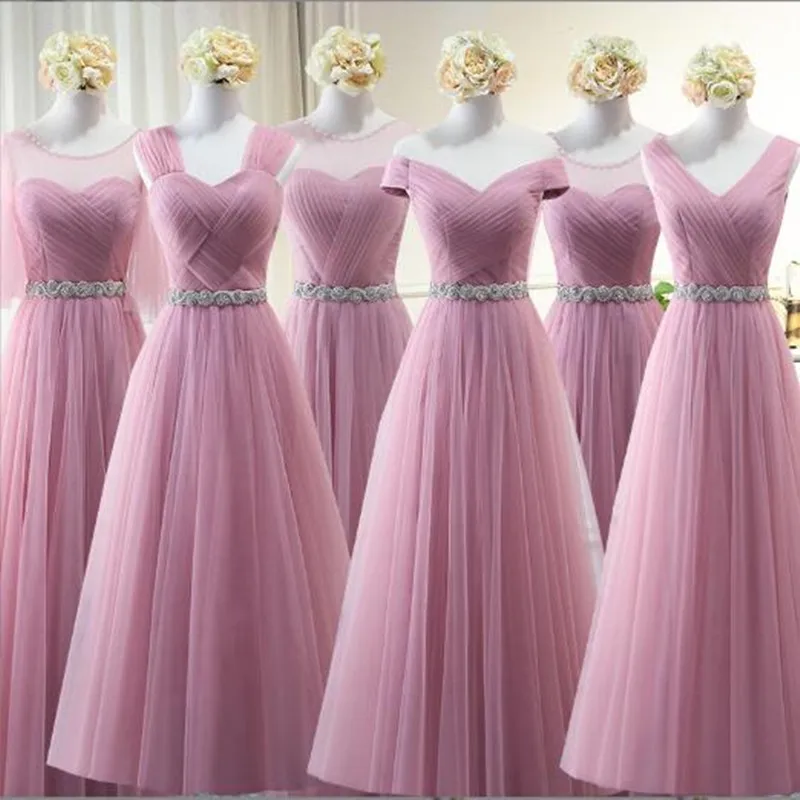 

Pink Tulle Long Bridesmaid Dresses Floor-Length Simple Sleeveless A-Line Vestidos Bridesmaid Skirt Prom Gown