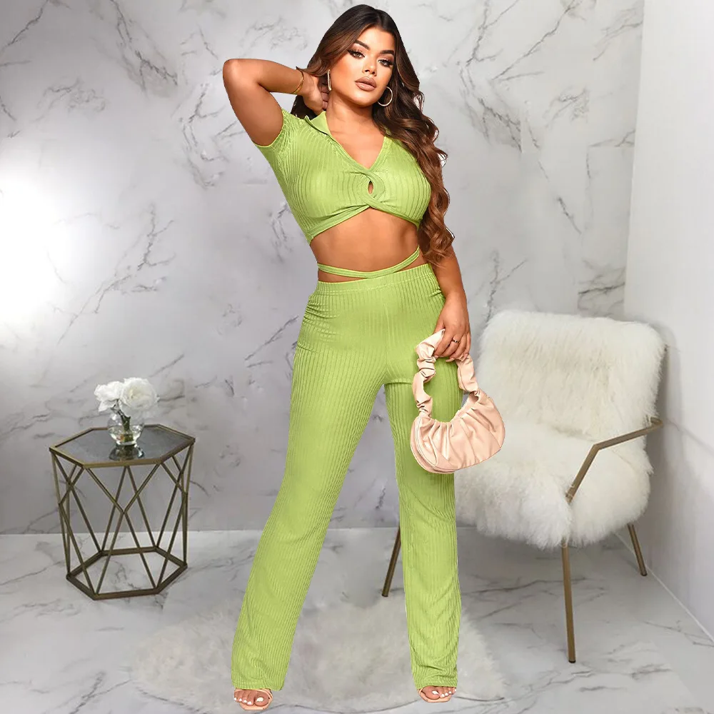 

Street Knit Ribbed Women's Set Lace Hem Crop Tee Top And Straight Pants Suit 2023 INS Two 2 Piece Set Outfit Tracksuit Suits