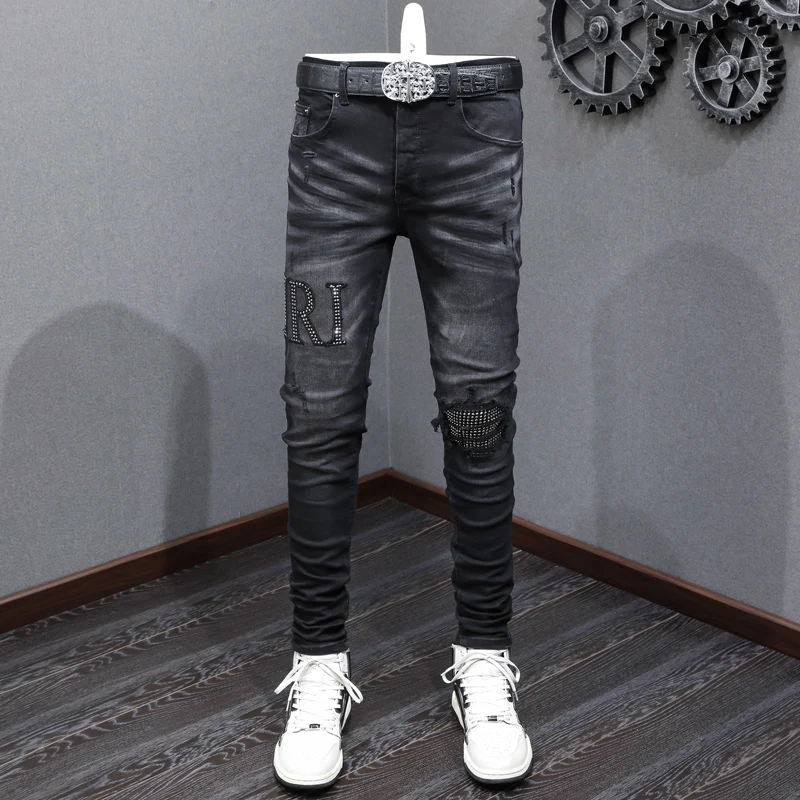 

Street Fashion Men Jeans Retro Black Gray Elastic Stretch Skinny Fit Ripped Jeans Men Beading Patch Designer Hip Hop Brand Pants