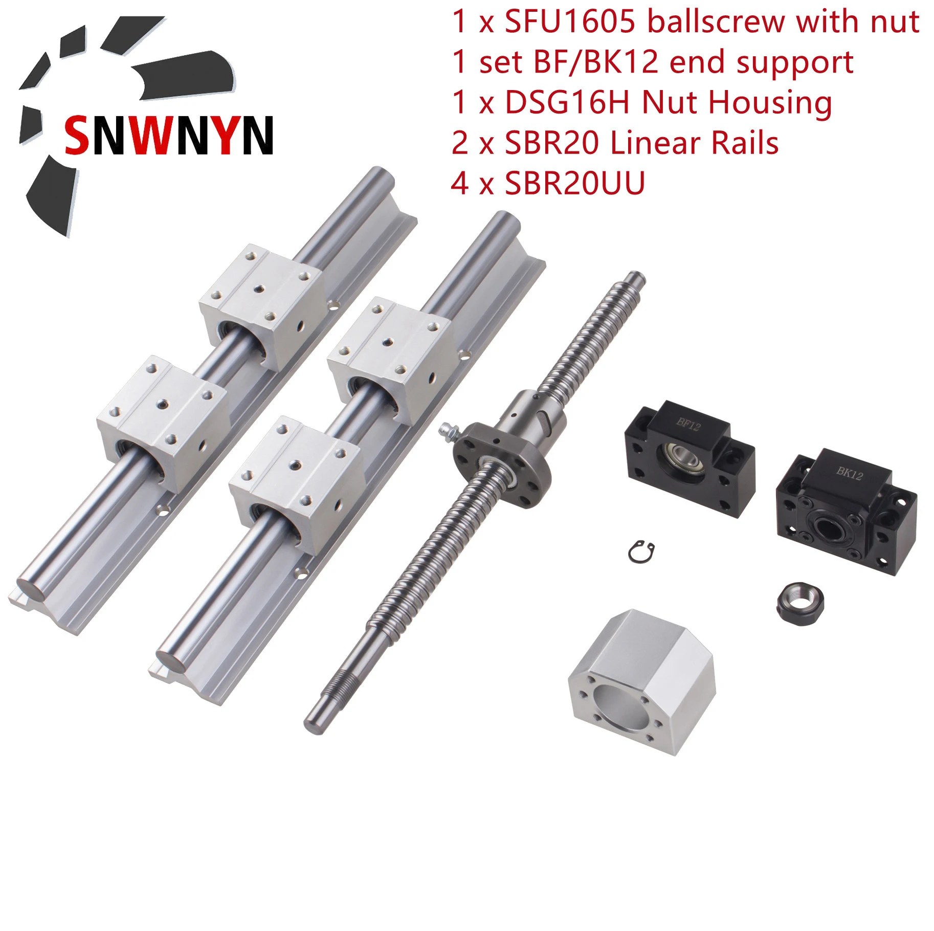 Комплект 2 шт., опоры для линейной рейки SBR20, 4 шт., Подшипник блока SBR20UU, наконечник шарового винта SFU1605, Корпус гайки 1605, поддержка BKBF12
