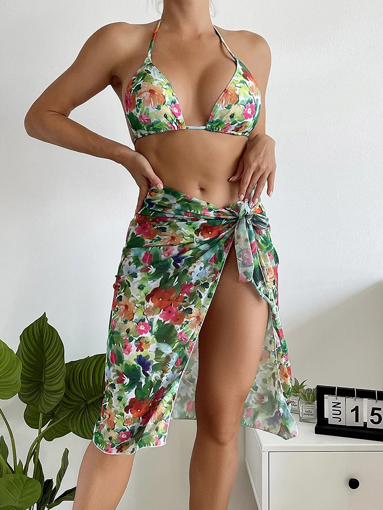 Floral Halter Triangle Bikini Swimsuit With Beach Skirt
