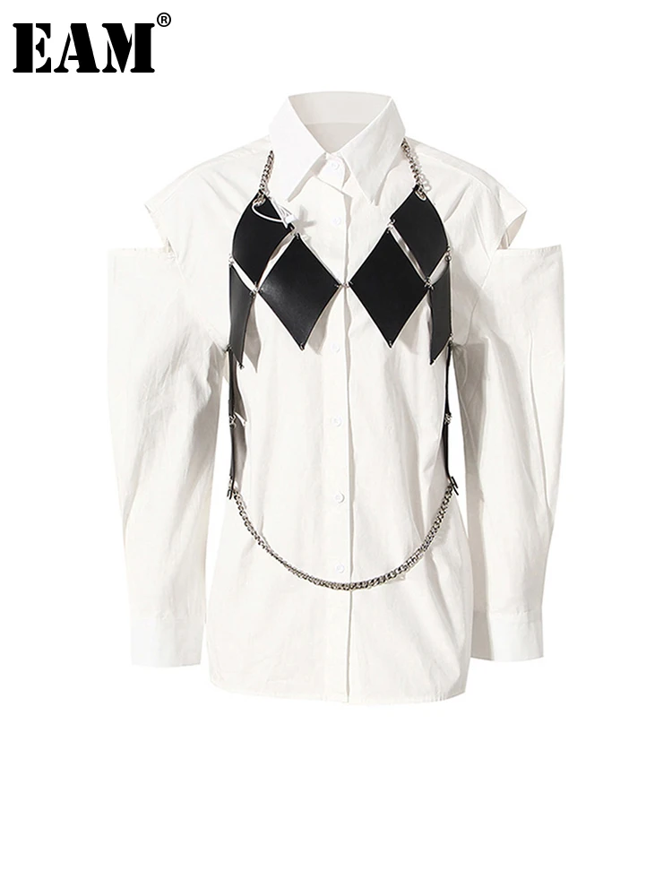 

[EAM] Женская белая блуза с вырезами большого размера, новая свободная рубашка с длинными рукавами и отворотом, модная весенне-осенняя 2023 1DE4736