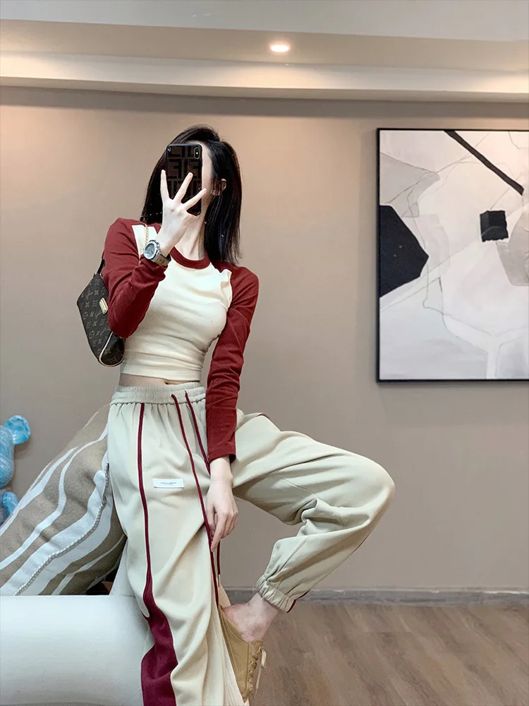 Women's Contrasting Color Sports Suit Two-piece Slim Long Sleeved Sweatshirt Loose Sweatpants Stylish Casual Sportswear