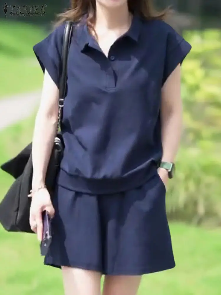 Модные спортивные костюмы 2 шт. блузка с отворотом и коротким рукавом Короткие