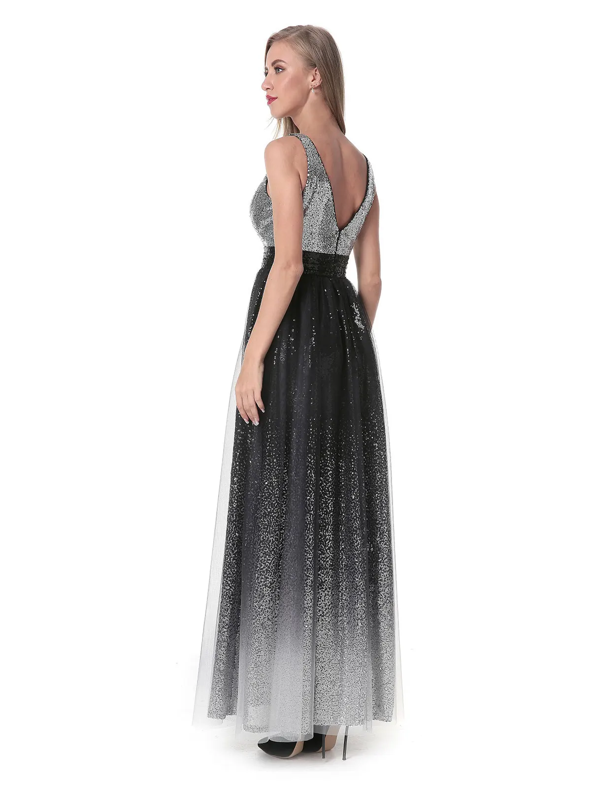 Женское длинное вечернее платье макси с блестками и V-образным вырезом