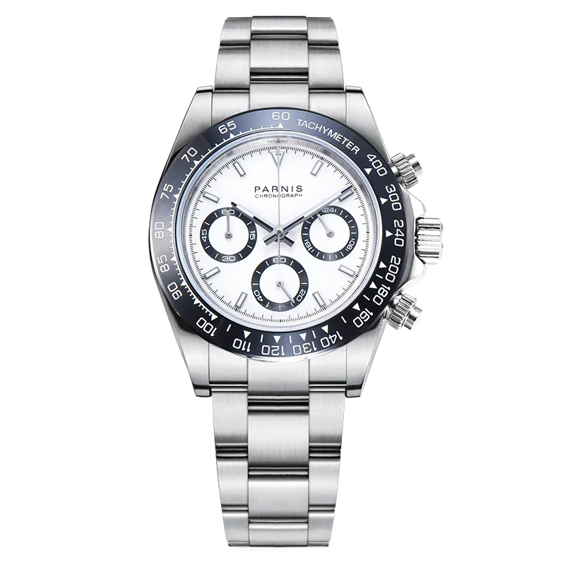 

Модные мужские часы Parnis с белым циферблатом 39 мм, хронограф, сапфировый кристалл, кварцевые спортивные роскошные часы для мужчин, мужские ча...