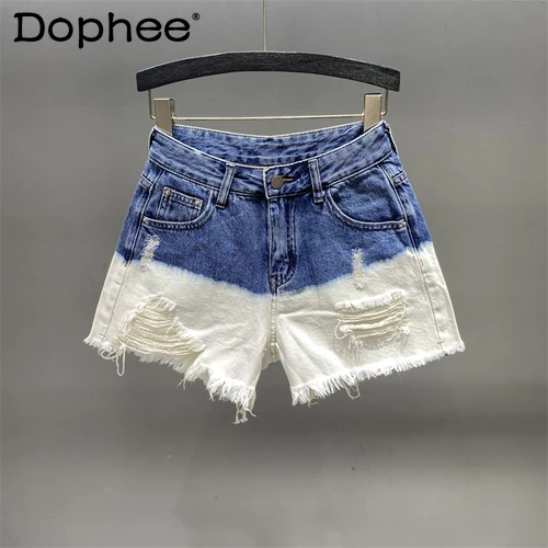 

INS Blue and White Gradient Denim Shorts Women's Summer 2022 New Korean Style Ripped Hole Frayed A- Line Wide-Leg Streetwear