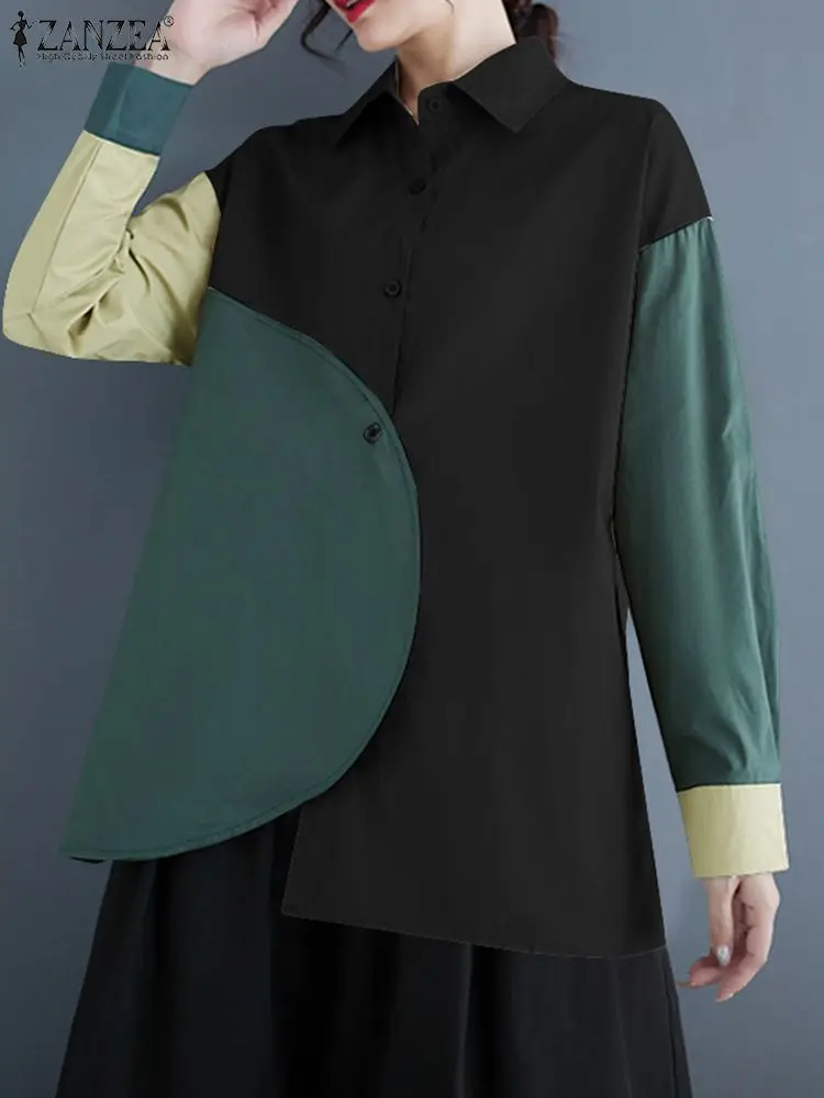 Женская блузка ZANZEA с цветными блоками осень 2024 асимметричные топы в стиле