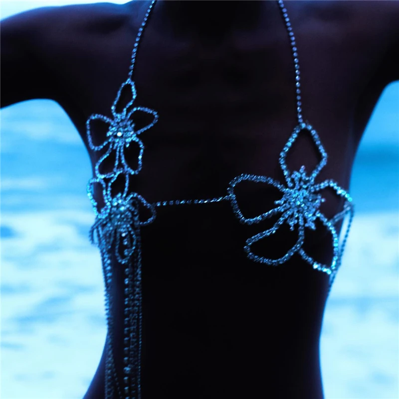 

Новинка, модная сексуальная цепочка для бюстгальтера, блестящая женская цепочка для тела с цветами, цепочка для груди, украшение для вечери...