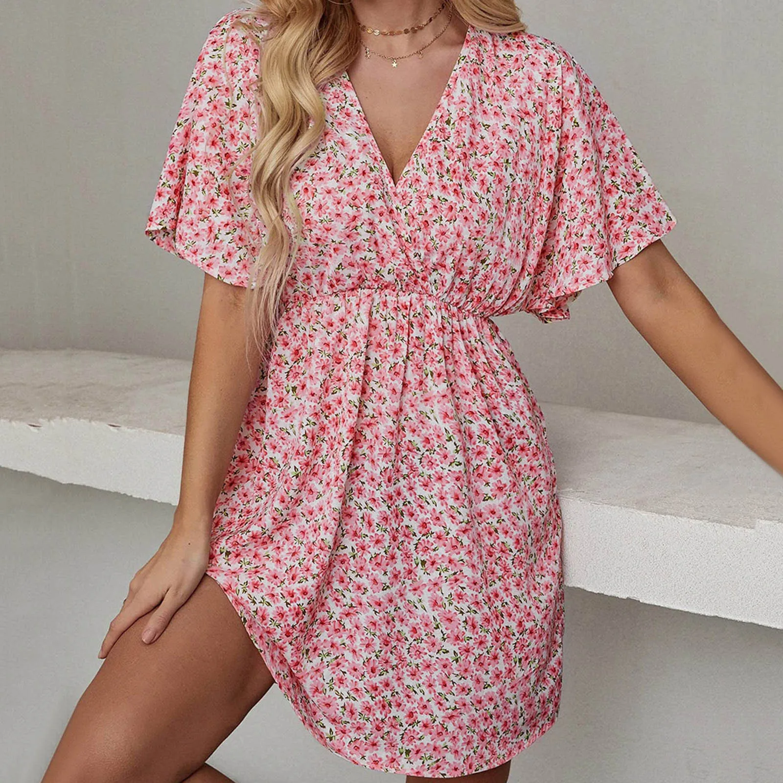 

Womens Summer Dress Short Sleeve Ruffle Leopard Print Sexy V Neck High Waist Short Flowy Mini Dress Summer Long Sleeve Dress