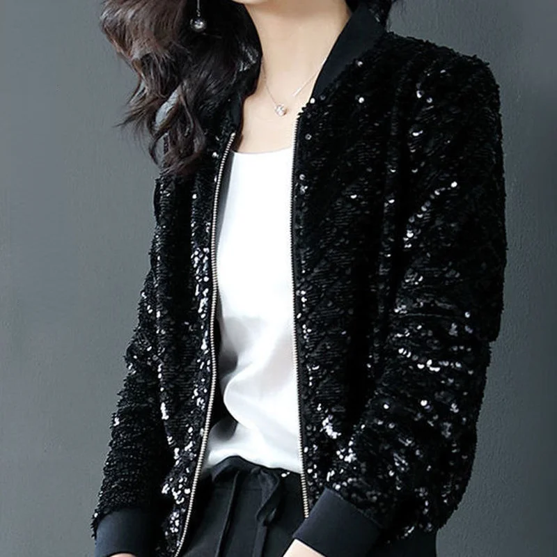 

Spring Autumn Women Sequin Coat Green Bomber Jacket Long Sleeve Zipper Streetwear Tunic Loose Casual Basic Lady Outwear E87