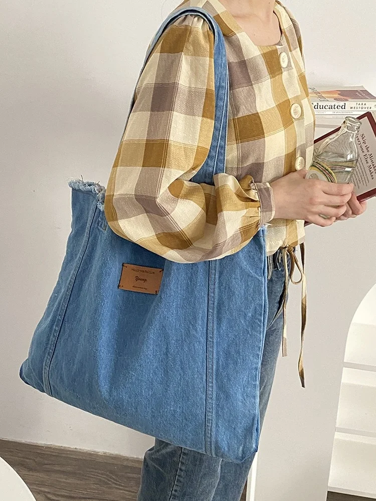 

Rough Edge Denim Women Cloth Shoulder Bag Blue Washer Wrinkle Casual Handbag Large Capacity Shopping Bag Female School Book Tote