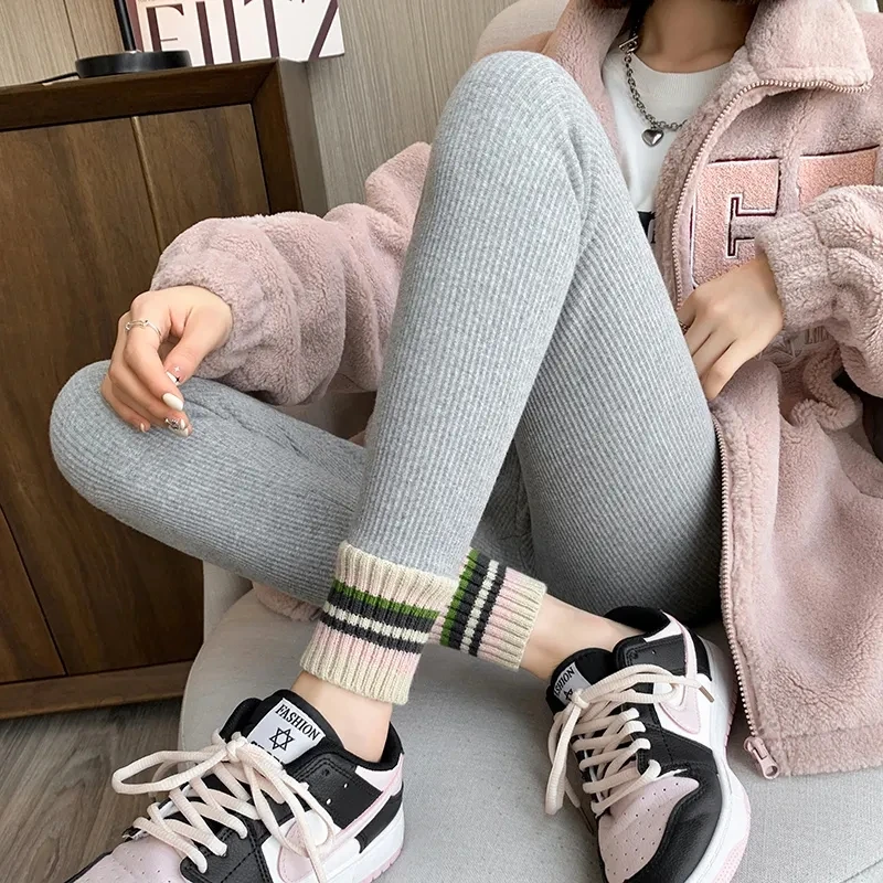 Yasuk Autumn Winter Fashion Cotton Slim Soft High Elastic Waist Leggings  Integrated Pants High Waist AllMatch Solid Stripe