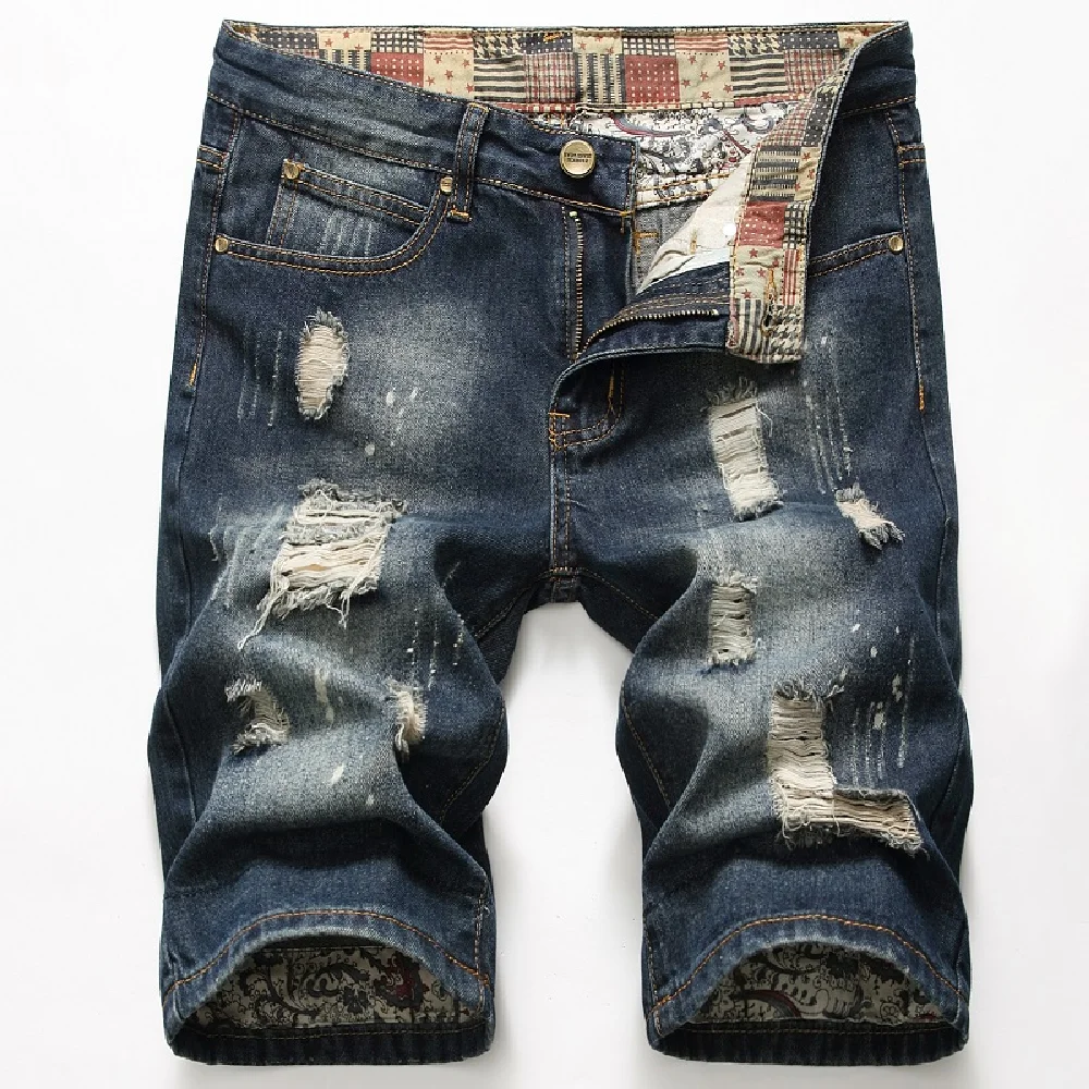 Men's Classic Split Short Jeans Summer Fashion Cotton Shorts Breathable Perforated Denim Shorts New Men's Clothing