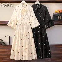 ehqaxin 2022 summer ladies dresses fashion v neck tie polka dot dress casual pleated button princess dress for female m 3xl