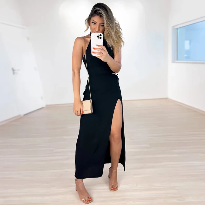 

European and American Women's 2023 Summer Sexy Solid Color Sleeveless Hanging Neck High Waist Open Back Split Dress for Women