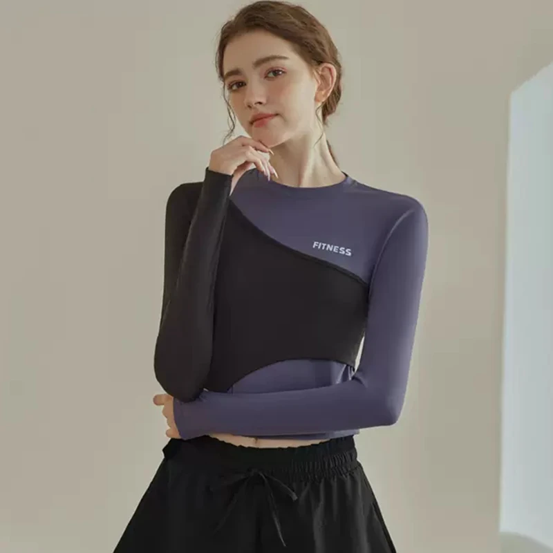 F.DYRAA Women Patchwork Color Sports Shirts Fake Two Pieces Off Shoulder Yoga Shirts Irregular Hem Tops Fitness Gym Sportswear