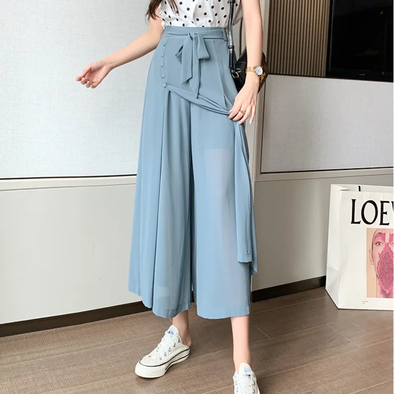 

Chiffon Wide Leg Pants Women High Waist Patchwork Hakama Pants Skirt Korean Fashion Trousers Loose Casual Thin Pantalones New