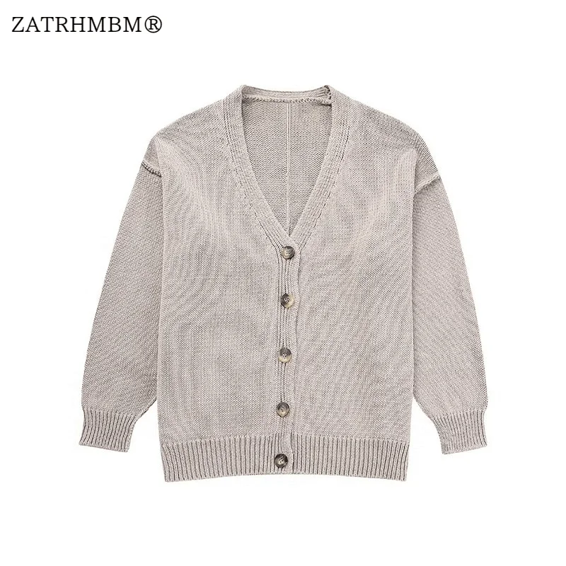

ZATRHMBM 2023 Women Fashion V-Neck Knit Sweater Cardigan Vintage Long Sleeves Button Up Elegant Female Sweaters Chic Tops