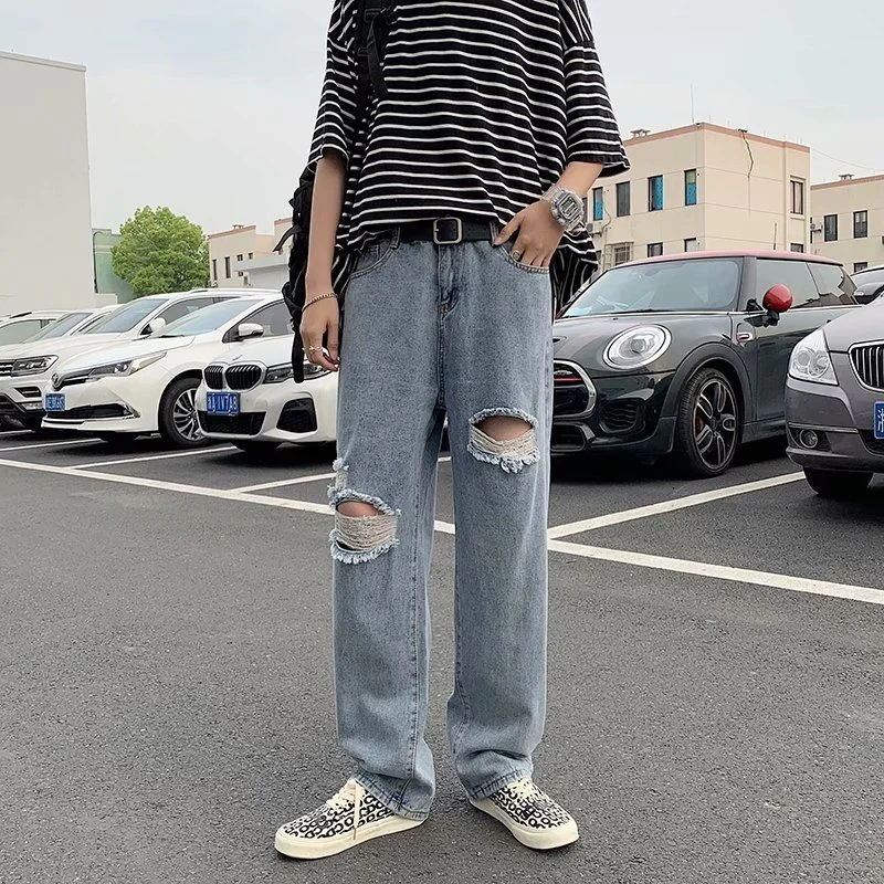 

Summer Blue Ripped Jeans Men's Fashion Casual Straight Jeans Men Streetwear Loose Hip Hop Hole Denim Pants Mens Trousers S-3XL