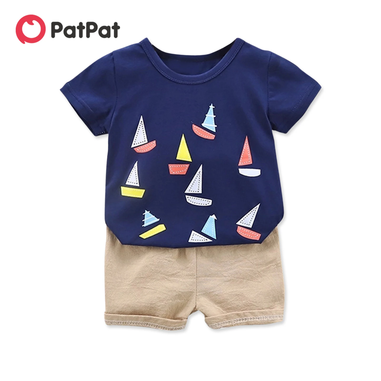 

PatPat 2pcs Baby Boy 95% Cotton Short-sleeve All Over Sailboat Print Tee and Solid Shorts Set