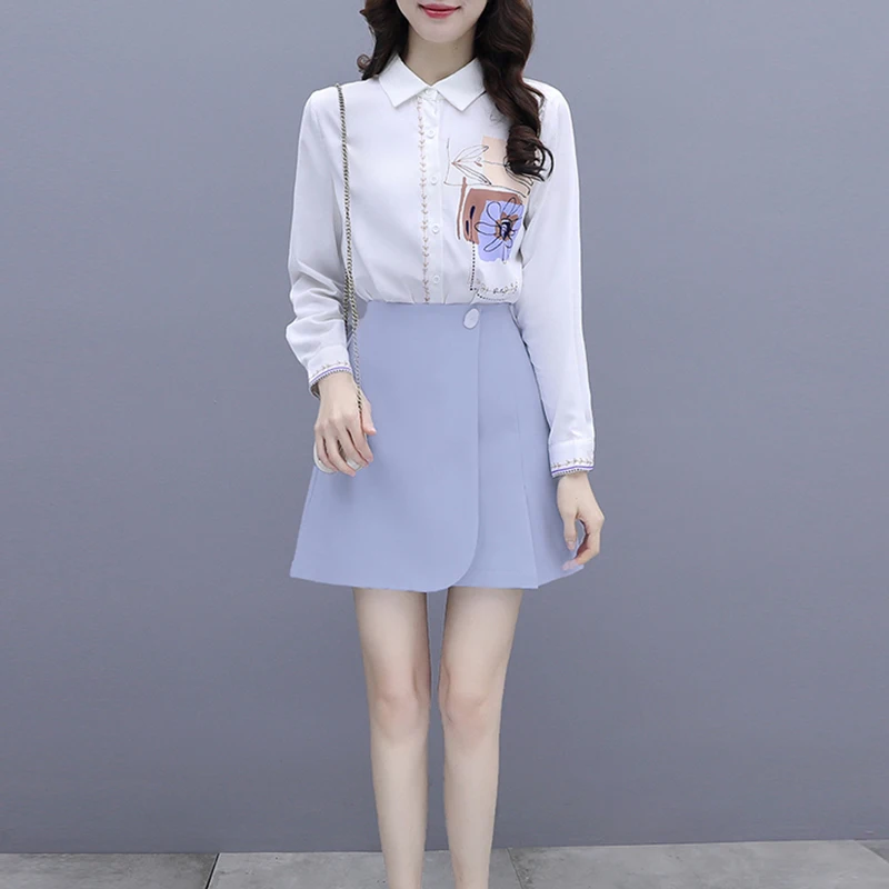 

KAVISSO Cotton Unique Printed White Shirt Suit Women's 2022 Autumn New High Street Wear Fashion Mini Skirt Two-piece Set S-2XL