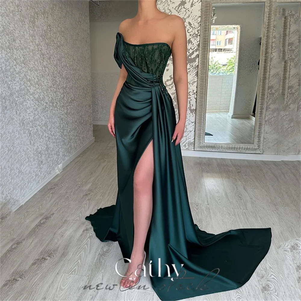 

Cathy Green Mermaid Satin Prom Dress 2023 Sexy Strapless Vestidos De Noche Side Train Handmade فساتين مناسبة رسمية