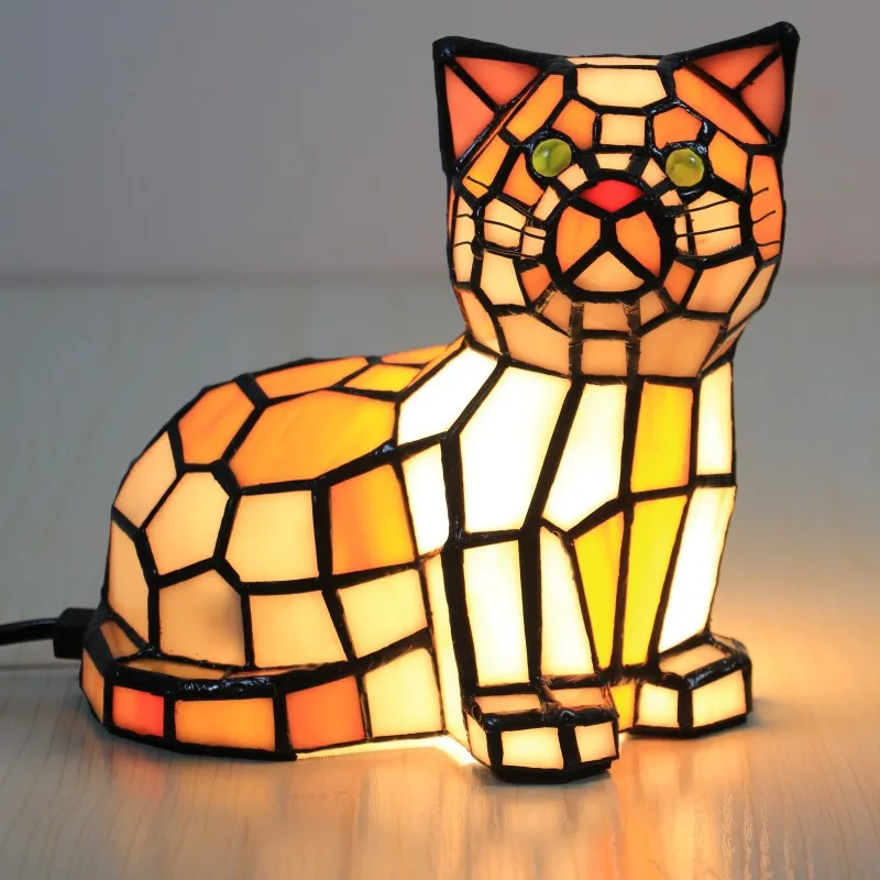 Tiffany Stained Glass Cat Table Lamp for Bedroom Vintage Animal Desk Lamps Bedside Living Room Retro Night Light Home Art Decor