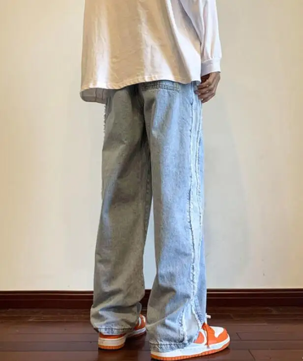 Men Jeans European American High Street Raw Edge Loose Jeans Men's Hip Hop Straight Wide Leg Casual Trousers