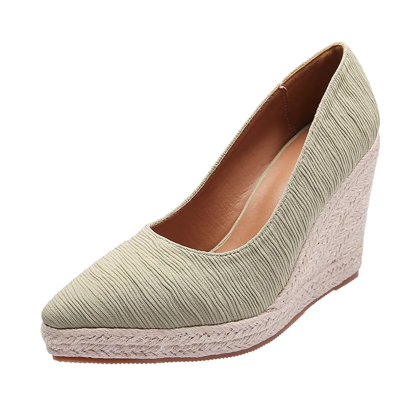 

2022 New Seasons Women's Shoes Wedge Heel Thick Bottom Shallow Mouth Pointed Straw Woven Hemp Rope Sole Large Size Women's Shoes