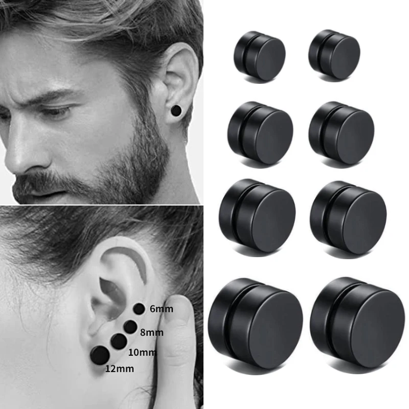 

2Pcs Punk Hip-Hop Strong Magnet Magnetic Ear Stud Set Non Piercing Earrings Black Matte Stainless Steel Men Jewelry
