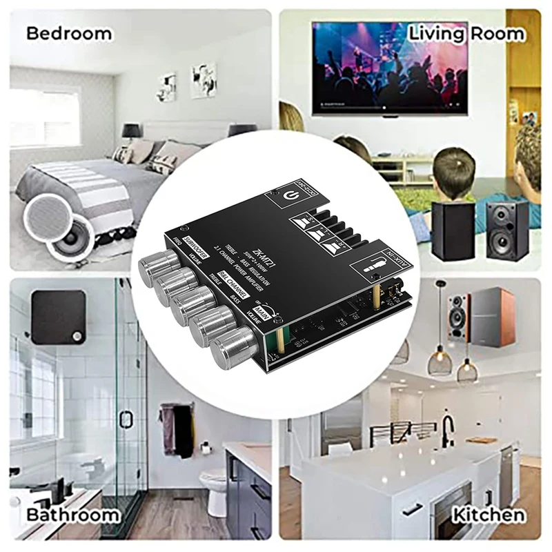 

ZK-MT21 Digital Power Amplifier Board 50Wx2+100W 2.1 Channel AUX+BT5.0 High Low Tone Super Bass Power Amplifier Board