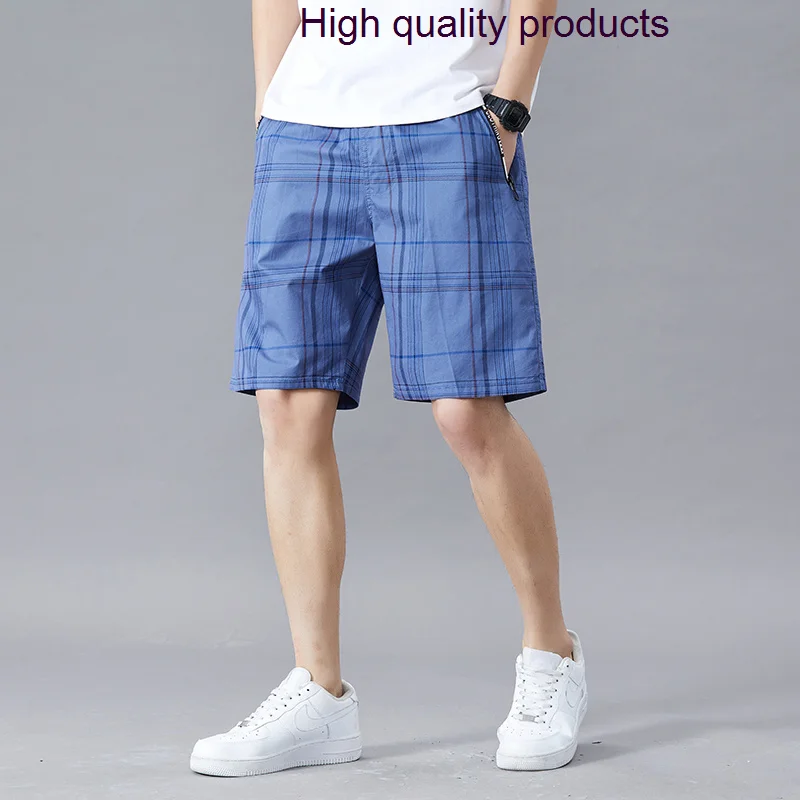 

Plaid Summer Men's High Quality Elastic Waist Zipper Pocket Frock Male Shorts Fashion Cotton Loose Man Pants 6XL