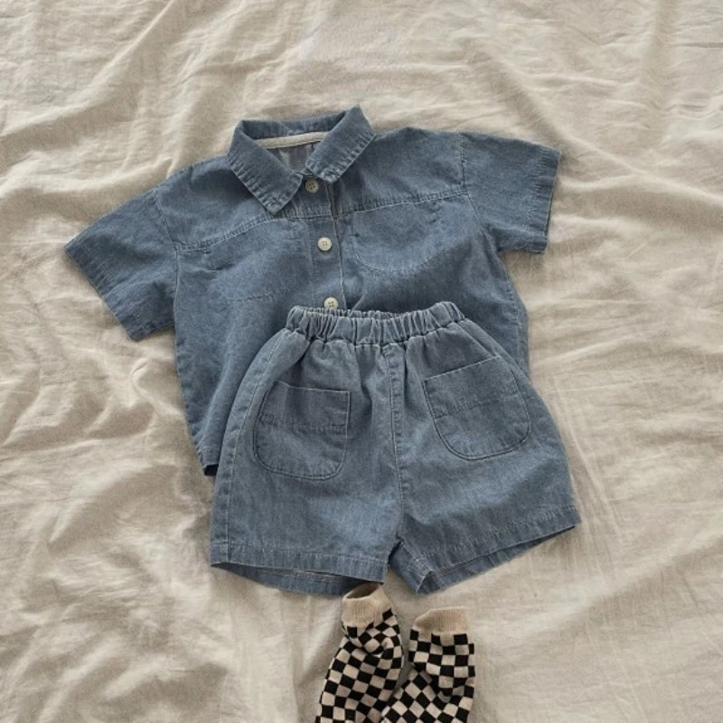 

HoneyCherry Summer Baby Short-sleeved Denim Shirt + Shorts Set Two Piece Set Summer Little Girl Clothes