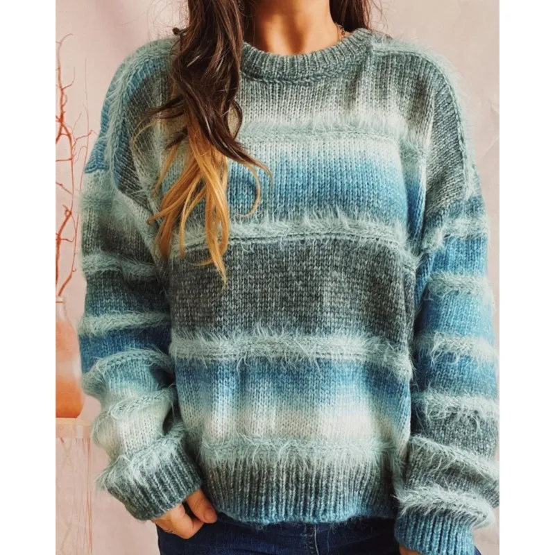 Винтажные вязаные пуловеры с длинными рукавами повседневные зеленые полосатые