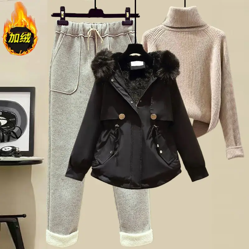 Autumn and Winter 2023 Korean Version Students with Wool Collar Down Cotton Coat Woolen Casual Pants Fashion Women's Suit images - 6