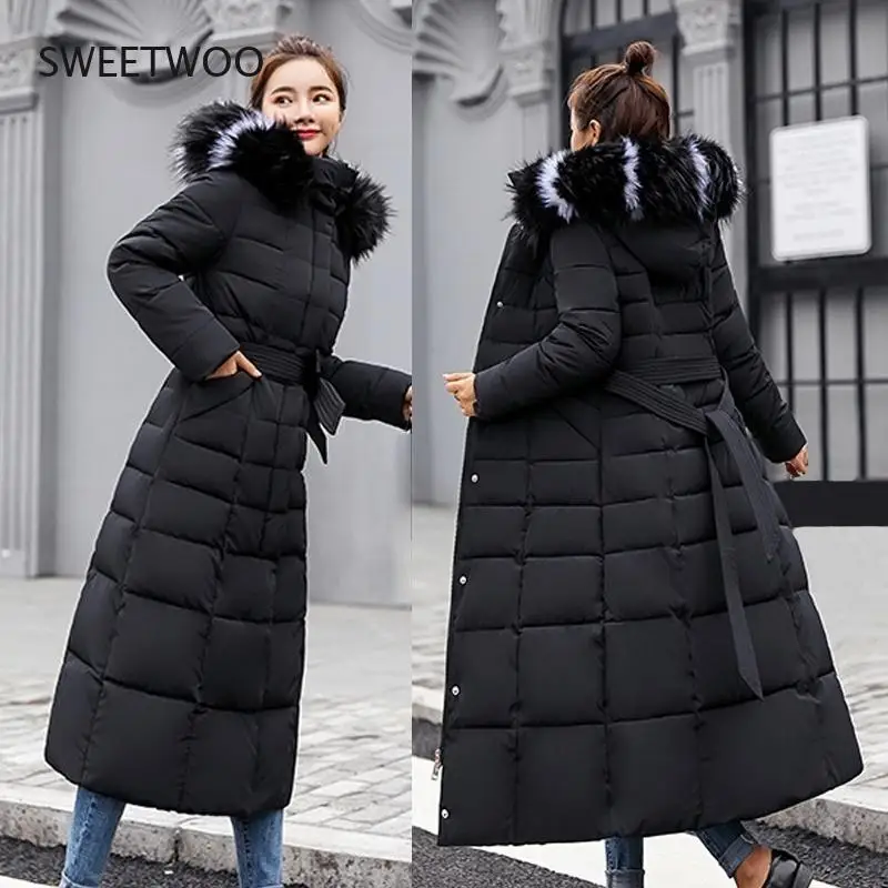 2021 new winter jacket women's warm fashion bow belt fox fur collar coat long dress women's thick coat